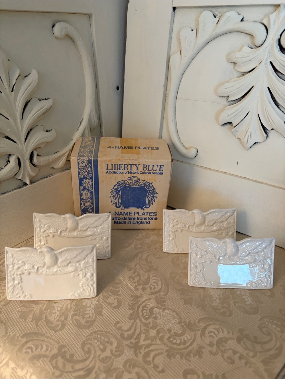 Liberty Blue White Ironstone Name Plates - Set of 4 Staffordshire